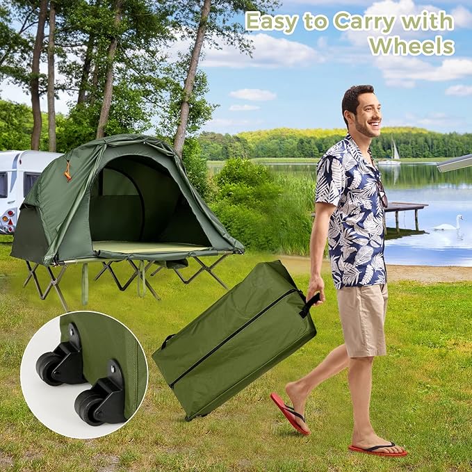 Tangkula 2-Person Tent Cot, 4-in-1 Folding Tent with Waterproof Rainfly, Self-Inflating Mattress & Roller Carrying Bag, Portable Off Ground Elevated Tent with Shoe Storage Pocket & Lamp Hook