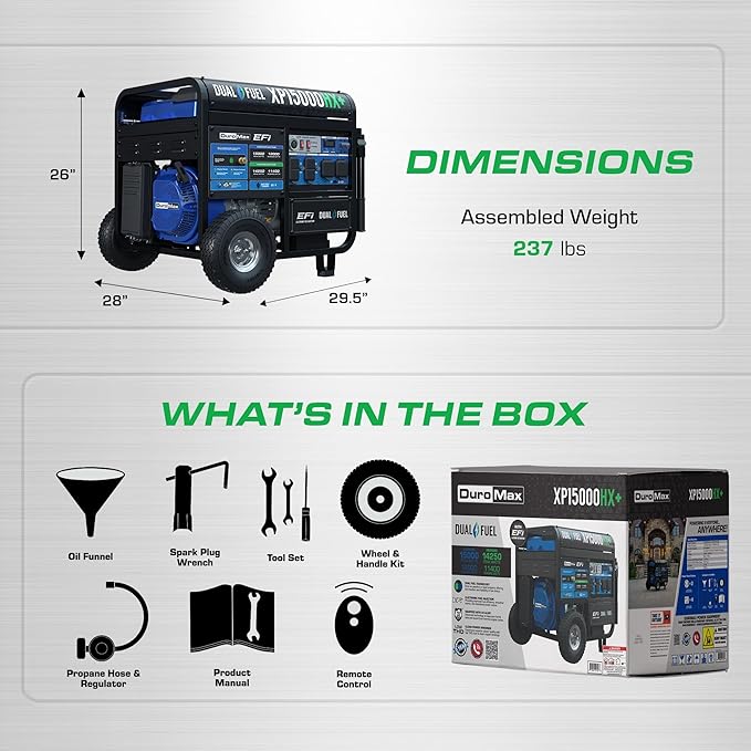 DuroMax XP15000HX+ 15,000-Watt Electric Start Dual Fuel EFI Portable Generator