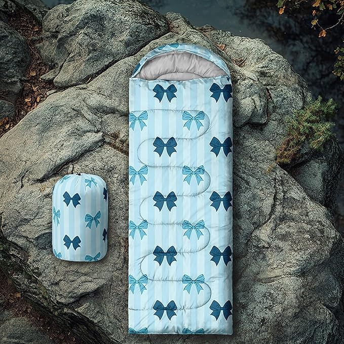 Colorful Bow Sleeping Bag, 3 Season Warm Cool Weather, Hand Drawn Bow Camping Sleeping Bag for Adult, Cute Bowknot Camping Backpacking for Outdoor Traveling Hiking Hunting Gear Equipment