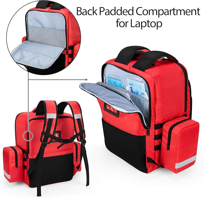 Trunab Emergency Medical Backpack Empty, EMT Camping Molle Bag with Detachable Side Pocket and No-Slip Bottom for Camping, Hiking, Traveling, Daycare, Red, Bag Only