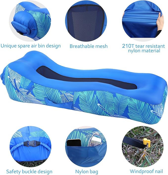 Inflatable Lounger Air Sofa with Unique Sun-Shade Design, Inflatable Beach Bed with Pillow, Waterproof Inflatable Couch Camping Chair Hammock for Hiking Backyard Travel Beach Park Picnics