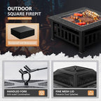 Greesum Multifunctional Patio Fire Pit Table, 32in Square Metal BBQ Firepit Stove Backyard Garden Fireplace with Spark Screen Lid and Rain Cover for Camping, Bonfire and Picnic, Silver