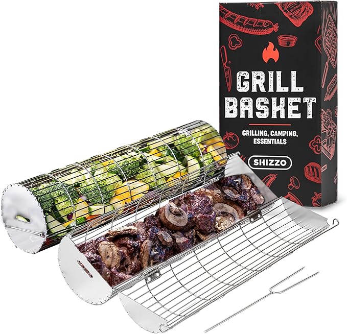Rolling Grill Basket, New Opening Design, Extra Sturdy Cylinder Grilling Basket, Food Grade Stainless Steel, Large Portable Outdoor Camping accessories BBQ Net Rack, Cooking Griller for Fish, Vegetables, and More - Gifts for Men Dad Husband - Set of 2