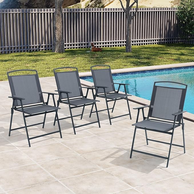 Crestlive Products Patio Folding Chairs Set of 8, Outdoor Folding Chairs with Durable Rust-Resistant Frame and Breathable Textilene Material for Outside, Gray