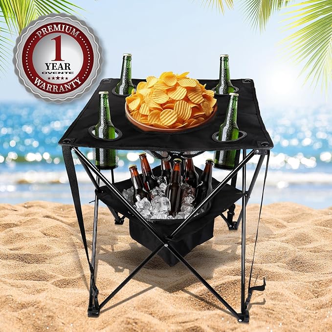 OVENTE Collapsible Folding Camping Table with Insulated Cooler, 4 Cup Holders, Food Basket and Travel Bag, Portable Tailgating Table for Fishing, Outdoor Barbecue or Beach Parties, Black POTC0014B