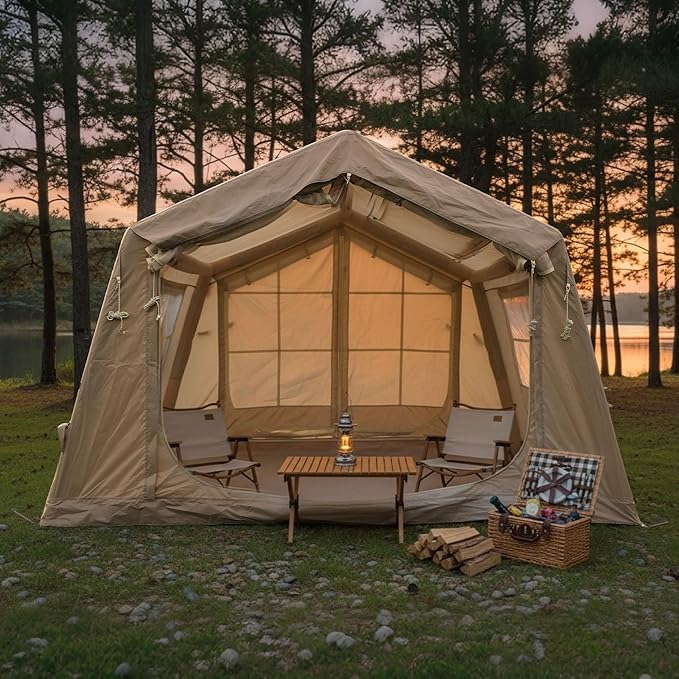 KEIKI Oxford Hot Tent for Camping, 2/3/4/6/8 Person Large Inflatable Tents w/Detachable Canopy, 4 Season Waterproof Tent for Hike Backpacking, Stove Jack AC Port, Mesh Doors Windows, Pump, Easy Setup