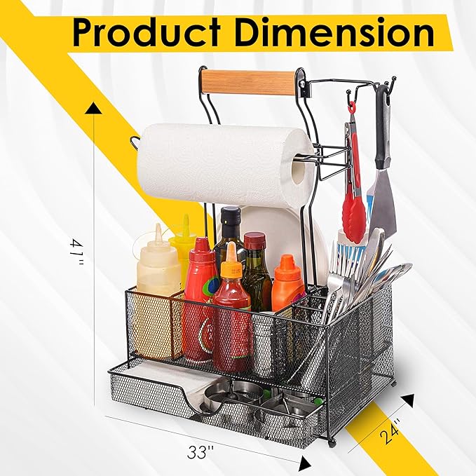 BBQ Grill Caddy with Paper Towel Holder, Utensil & Condiment Organizer, Large Metal BBQ Caddy for Outdoor Grill, Camping, RV, Tailgating, Picnic, Patio, Gifts for Men