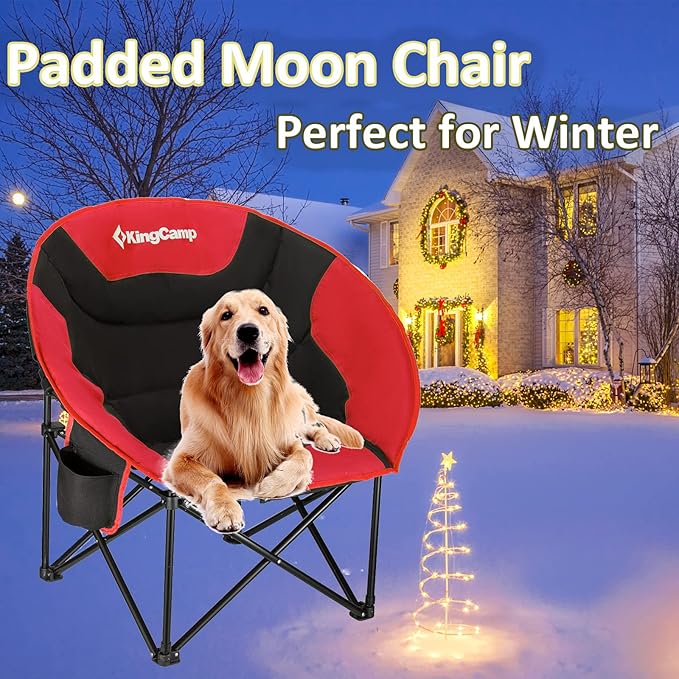 KingCamp Foldable Saucer Moon Lounge Chair with Cupholder Storage Pocket for Indoor Home or Outdoor Camping and Tailgating Use, Black/Red