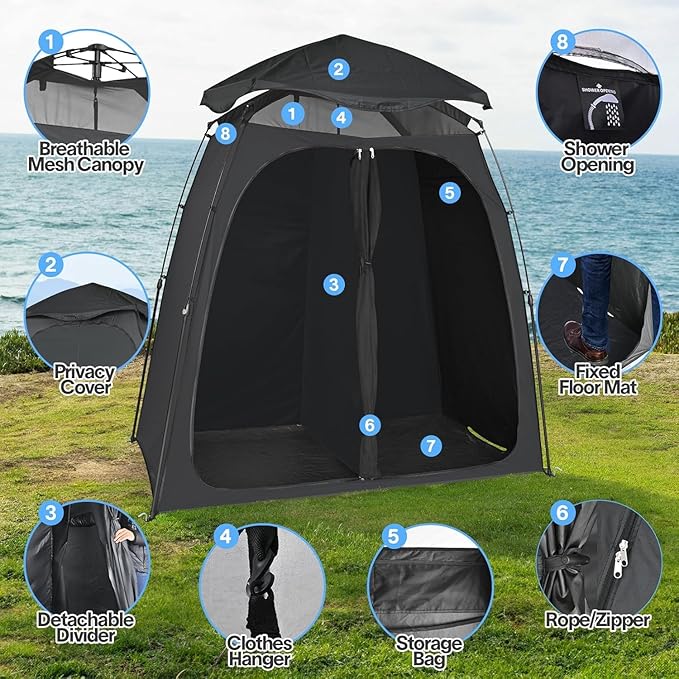 EighteenTek® Shower Tent Camping, 2-Room Portable Changing Room, Outdoor Shower Enclosure, Pop Up Privacy Tent Shelter with Floor & Doors, Waterproof & Lightweight, Camping Toilet Bathroom