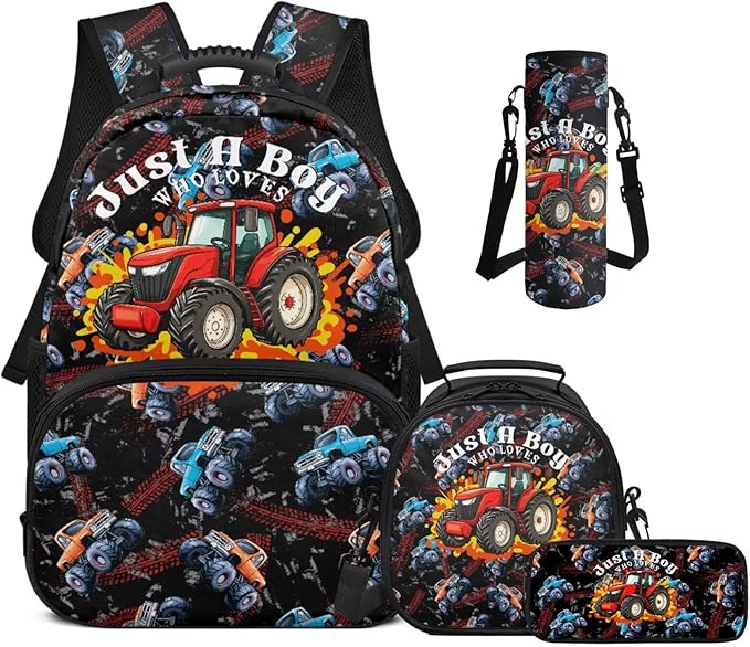 Boys Bookbag Age 8-10 6-8 Truck Backpack and Lunch Box Set Boys Kids School Backpack Elementary 17 Inch Back Pack Lightweight Travel Rucksack