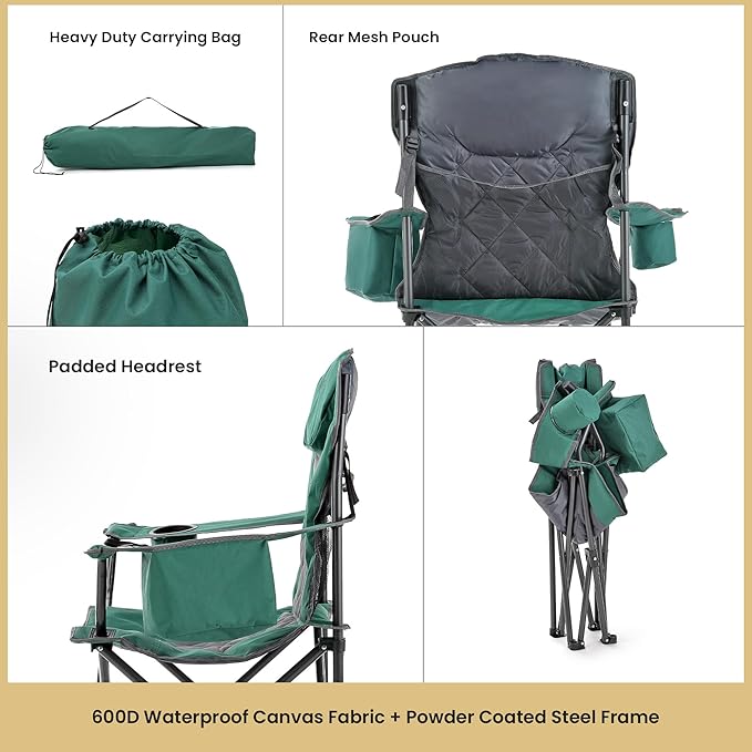 ARROWHEAD OUTDOOR Deluxe Folding Camp Chair – 550lb Capacity Heavy-Duty Quad Chair with Integrated Cooler, Headrest, and Dual Cup Holders.