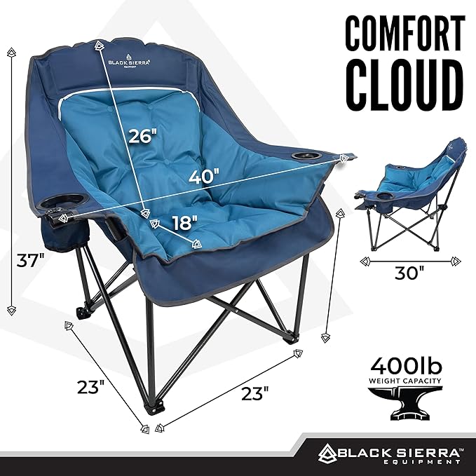 Black Sierra Oversized Camping Chair for Adults – 400 lb Heavy Duty Folding Chair with Cup Holders & Carry Bag