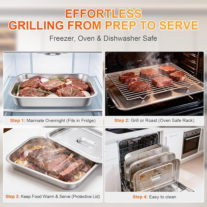 7-Piece Grill Prep and Serving Tray Set, Stainless Steel BBQ Marinating Container with Lid, Cutting Board, Wire Rack, Tongs & Heat Resistant Gloves, Stackable Large Meat Pan for Camping & Tailgating