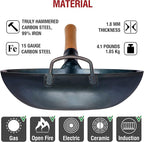 YOSUKATA 13.5” Blue Carbon Steel Wok Pan – Pre-Seasoned Flat Bottom Wok Compatible with open fire, gas, electric, ceramic, induction cooktops -Traditional Chinese Pan for Stir Fry, BBQ, Grill, Camping