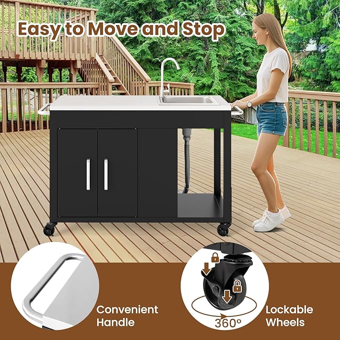 Happygrill 56" Outdoor Grill Table with Sink & Drainage, Heavy Duty Metal Grill Cart with Stainless Steel Top & Storage Cabinet, Outdoor Prep Table with Handles & Wheels for Patio, Garden & Backyard