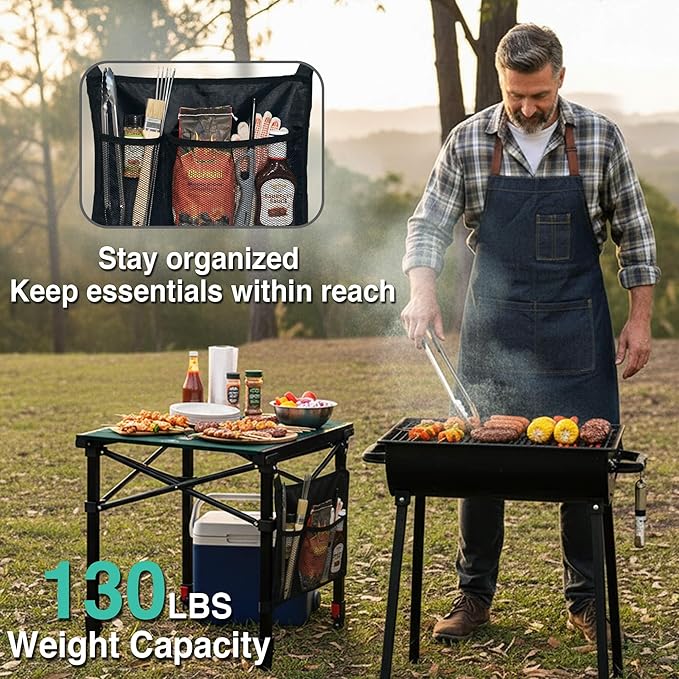 Portable Camping Table with Adjustable Height, Lightweight Aluminum Roll Top Folding Camp Table with Storage Pockets & Dual-Compartment Bag, Heat-Resistant, for RV, Picnic, BBQ, Outdoor (M)