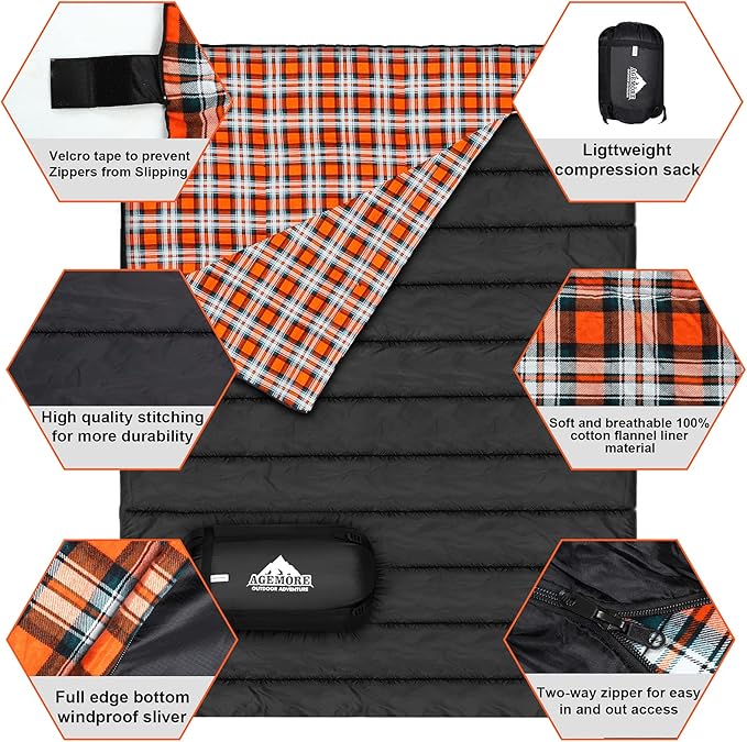 AGEMORE Cotton Flannel Double Sleeping Bag for Camping, Backpacking Or Hiking. Queen Size 2 Person Waterproof Sleeping Bag for Adults Or Teens. Lightweight with Compression Sack