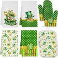 8 Pcs St Patrick Day Kitchen Decor Set 4 Four Leaf Clover Dish Towel 2 Pot Holder 2 Oven Mitt Tent for Car Irish Hat Kitchen Accessories Rv Campers Home Decorations