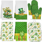 8 Pcs St Patrick Day Kitchen Decor Set 4 Four Leaf Clover Dish Towel 2 Pot Holder 2 Oven Mitt Tent for Car Irish Hat Kitchen Accessories Rv Campers Home Decorations
