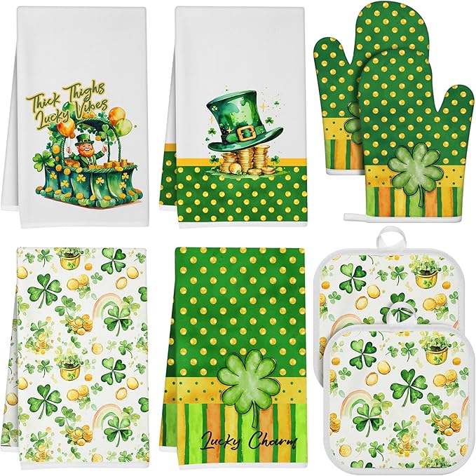 8 Pcs St Patrick Day Kitchen Decor Set 4 Four Leaf Clover Dish Towel 2 Pot Holder 2 Oven Mitt Tent for Car Irish Hat Kitchen Accessories Rv Campers Home Decorations