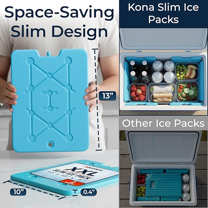 Kona XXL Ice Packs for Coolers – 2 lb Reusable Slim Freezer Packs, Long-Lasting Dry Ice Alternative for Cooler Bags, 13×10 Inch, Fast Freeze (-5 °C), Available in Multiple Pack Quantities