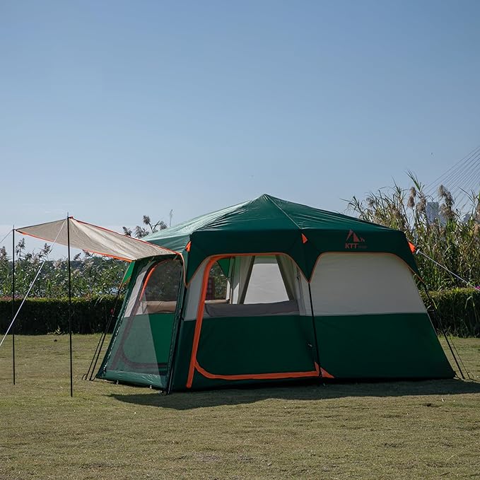 KTT Extra Large Tent 10-12-14 Person(A),Family Cabin Tents,2 Rooms,3 Doors and 3 Windows with Mesh,Straight Wall,Waterproof,Double Layer,Big Tent for Outdoor,Picnic,Camping,Family Gathering