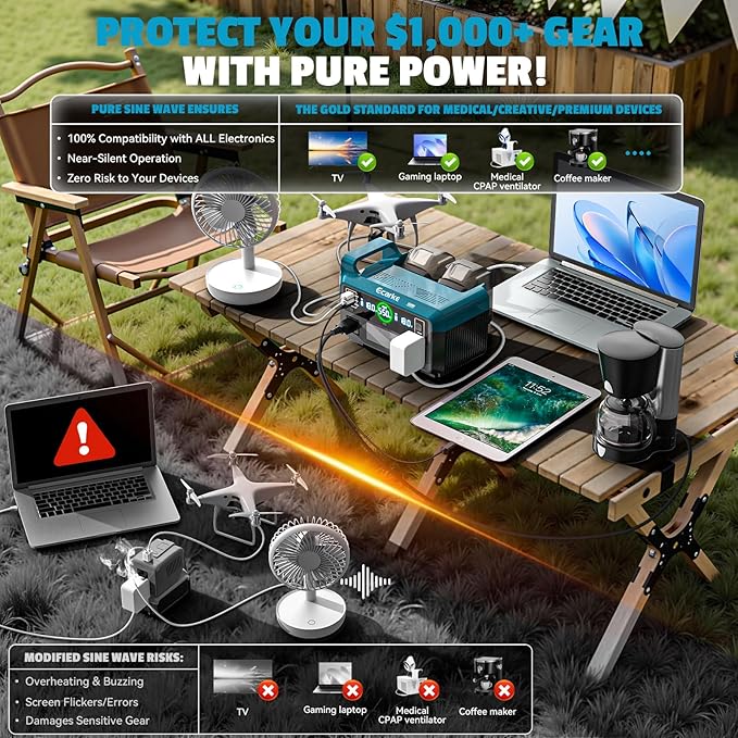 Ecarke 550W Portable Power Inverter Compatible with Makita 18V Battery, DC 18V to AC 110V Pure Sine Wave Power Station 2 AC Outlets,2 USB-A&1 USB-C 20W, 600LM LED Outdoor Emergency Use(No Battery)