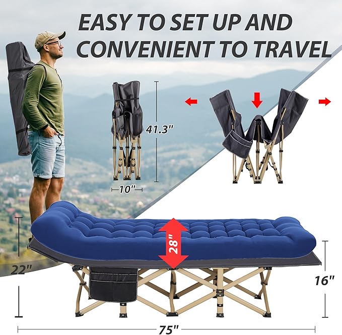 Folding Camping Cot for Sleeping, Portable Cots for Adults, Heavy Duty Cot Bed 550LBS(Max Load), Extra Wider Cots with Large Pocket for Outdoor, Office, Beach
