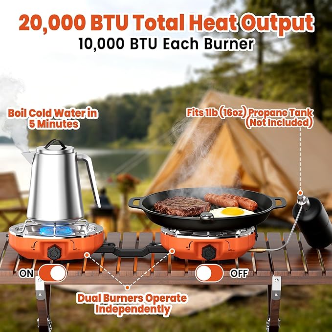 20,000 BTUs 2 Burner Propane Camping Stove, Portable Folding Camp Stove with Adjustable Burners, Regulator and Carrying Bag, Dual Gas Stoves Easy Carrying Handle for Tailgating, Camping, BBQ