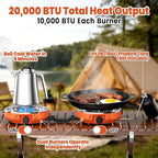 20,000 BTUs 2 Burner Propane Camping Stove, Portable Folding Camp Stove with Adjustable Burners, Regulator and Carrying Bag, Dual Gas Stoves Easy Carrying Handle for Tailgating, Camping, BBQ