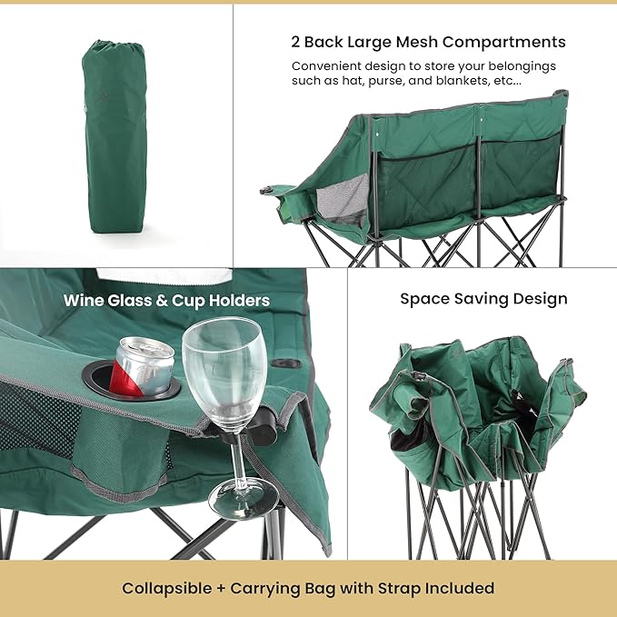 ARROWHEAD OUTDOOR Portable Folding Double Duo Camping Chair Loveseat w/ 2 Cup & Wine Glass Holder, Carrying Bag, Supports up to 500lbs