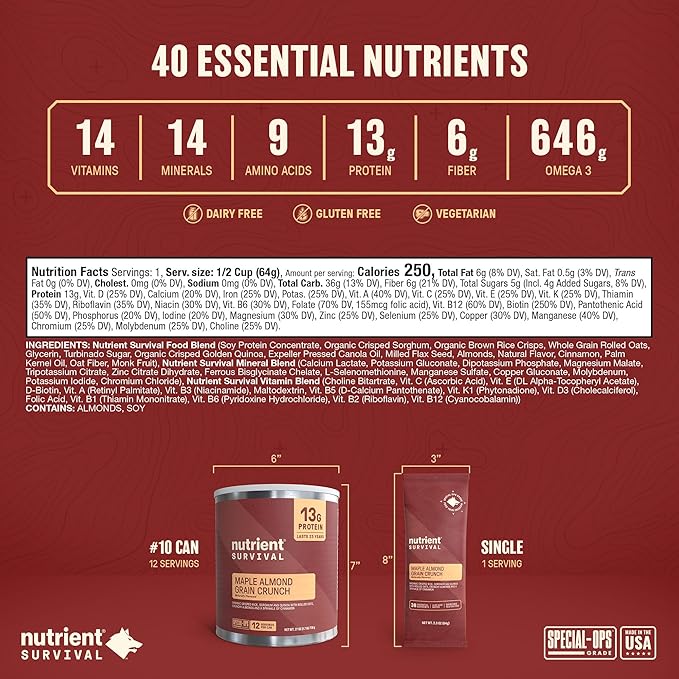 High Protein Cereal, Maple Almond Grain Crunch (12 Servings) Freeze Dried Prepper Supplies & Emergency Food Supply, Dairy & Gluten Free, Shelf Stable Up to 25 Years, One Can