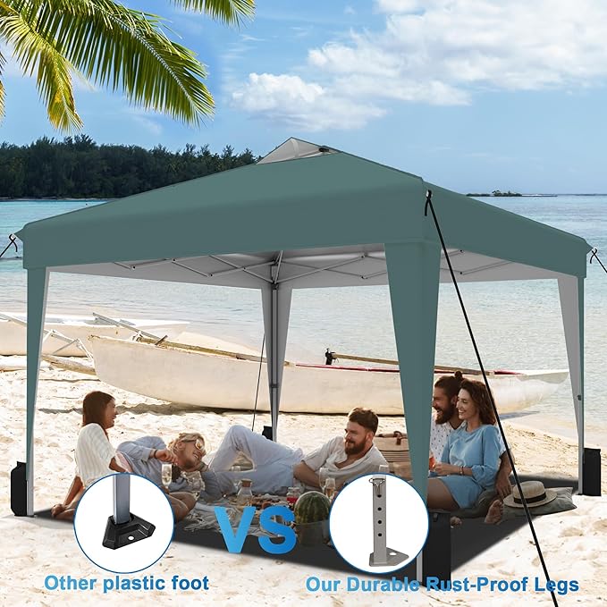 SANWAY 10x10 Pop up Canopy Tent, One-Button, Outdoor Instant Canopy Protable for Events, Camping, Parties, Vendor, Beach Tent - Dark Green