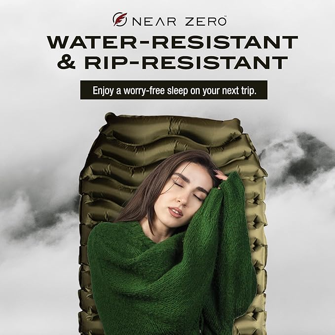 NEAR ZERO Ultralight Inflatable Sleeping Pad – Compact 14.5 oz Air Pad 2" Thick, Quick Inflate with 11 Breaths, Durable Rip-Resistant Nylon – Ideal for Backpacking & Warm Weather, Green