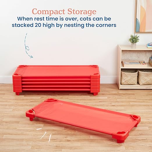 ECR4Kids Stackable Kiddie Cot, Ready-to-Assemble, Standard Size, Classroom Furniture, Red, 6-Pack