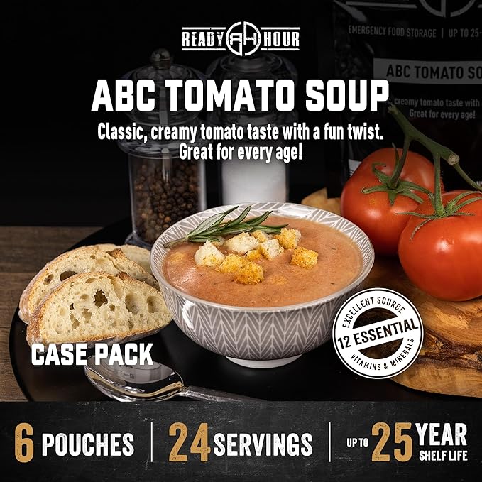 Ready Hour ABC Tomato Soup Case Pack – Freeze-Dried Emergency Food, Long 25 year Shelf Life Survival Soup, Quick Prep Camping Ready to Eat Meal and Self-Stable, – 24 Servings (6 Pouches)