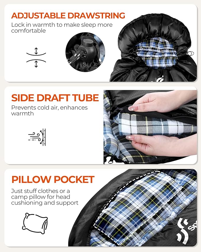 Sportneer Sleeping Bags for Adults, 0 Degree Sleeping Bag XL Flannel Winter Cold Weather Sleeping Bag with Detachable Hood Compression Sack for Camping, Backpacking, Hiking