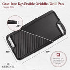 Cuisinel Cast Iron Griddle/Grill + Scraper/Cleaner - Reversible Pre-Seasoned 20" X 10"-inch Dual Handle Flat Skillet and Griller Pan + Cleaning Accessories - Indoor/Outdoor Stove Top Burner, Gas Safe
