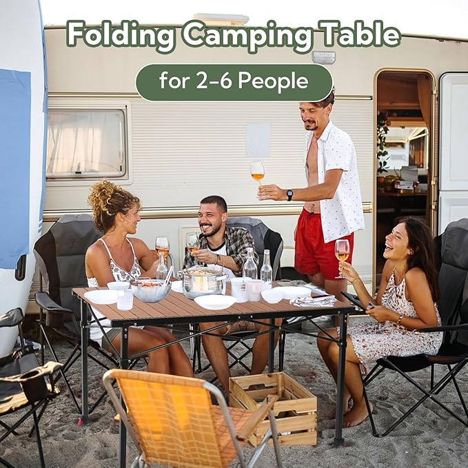 Portable Outdoor Adjustable Height Camping Table, Large for 2-6 Person, Foldable Roll-up Aluminum Camp Table with Carry Bag for Picnic, Camp, Sturdy, Stable, Loads 220 Lbs