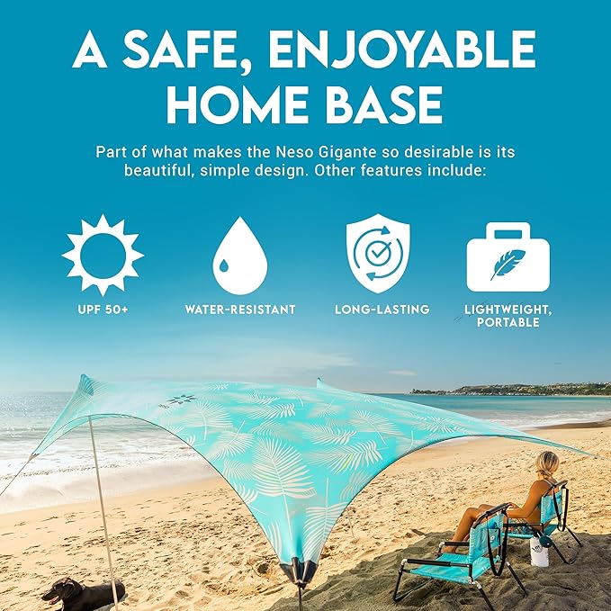 Neso Gigante Portable Beach Tent Sun Shelter - Lightweight Beach Shade Canopy - Easy Setup for Family Outings - Patented Reinforced Corners - UPF 50+ - 8ft Tall, 11 x 11ft - Aqua Fronds