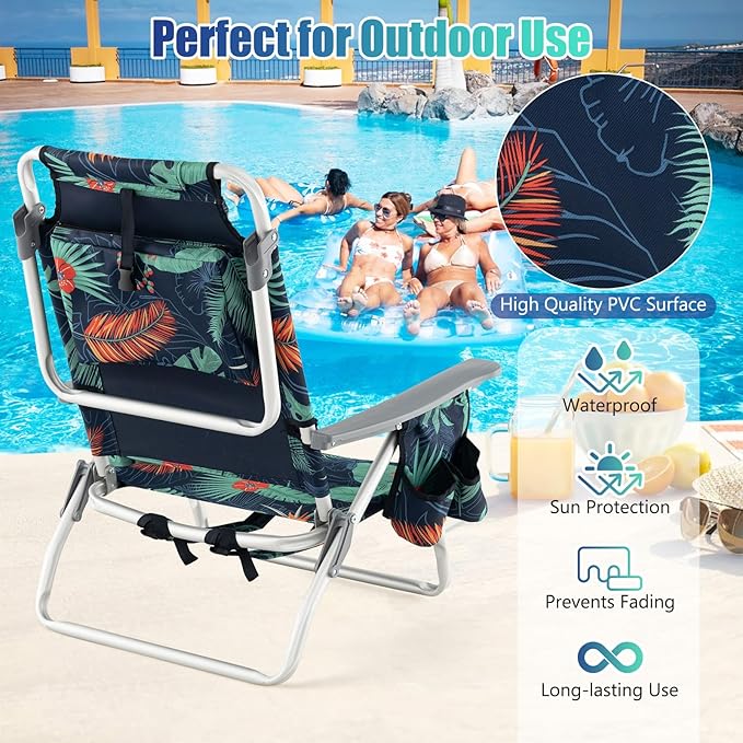 GYMAX Beach Chairs, Backpack Camping Chair with Armrest, Cooler Bag, Cup Holder, Towel Bar & Side Pockets, Sunbath Sling Tanning Lounge, Folding Layout Chair (4 Chairs Without Table, Flower)