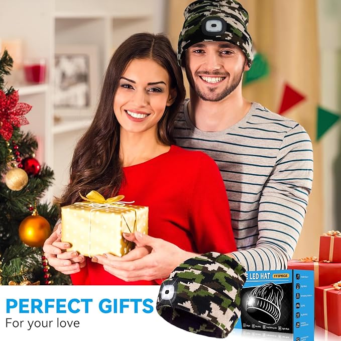 Valentines Day Gifts for Him, Beanie Hats with Light, USB Rechargeable LED Hand Free Headlamp, Birthday Gifts for Men, Women, and Teens, Ideal for Camping, Hiking, Camouflage