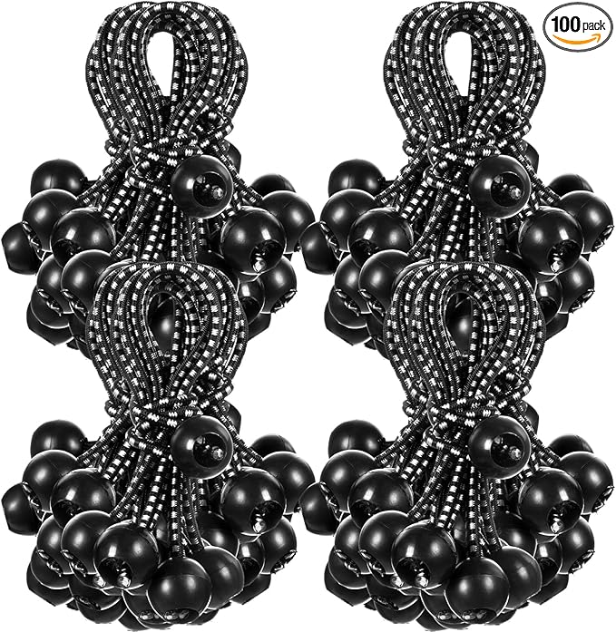 100 Pcs 4 Inch Ball Bungee Cords Tarp Tie Downs Bungee Cords with Balls Heavy Duty Outdoor Tarp Straps for Canopy Shelter Camping Cargo Tent Poles UV Resistant (Black White)