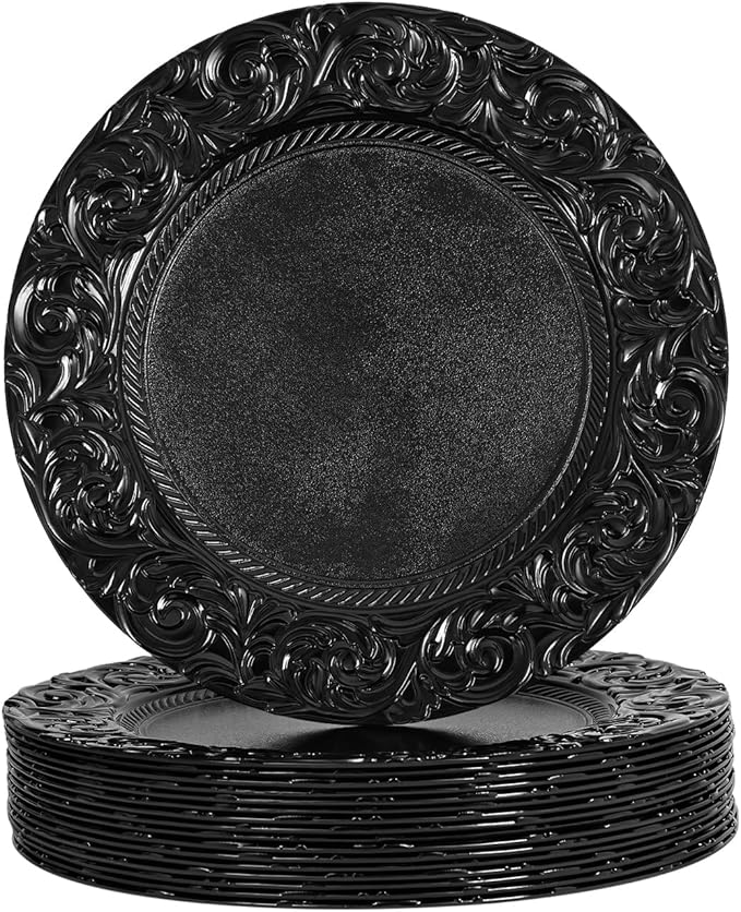 DYRABREST 150 Pcs 13 Inch Charger Plates, Bulk PP Wedding Chargers with Floral Reef Design Decorative Round Ruffled Rim Dinner Plates for Wedding Party Event Table Setting Decoration