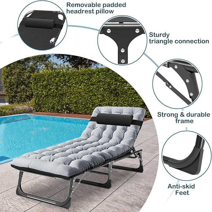 NAIZEA Folding Camping Cot W/Mat for Adults, Adjustable Lounge Chair Outdoor, Heavy Duty Sleeping Cot Bed, Travel Camp Cots for Pool, Beach, Patio Sunbathing