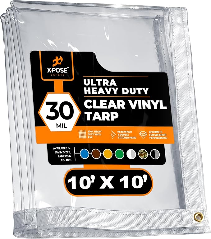 10' x 10' Clear Vinyl Tarp - 30 Mil Super Heavy Duty Transparent Waterproof PVC Tarpaulin with Brass Grommets - for Patio Enclosure, Temporary Wall, Camping, Tent Cover, Canopy - by Xpose Safety