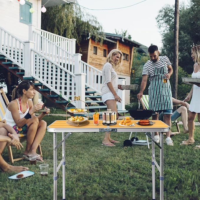 Outvita 3ft Portable Folding Camping Table, Outdoor Waterproof Adjustable Height Table, Aluminum Lightweight Suitcase Foldable Table for Picnic BBQ Beach Dining