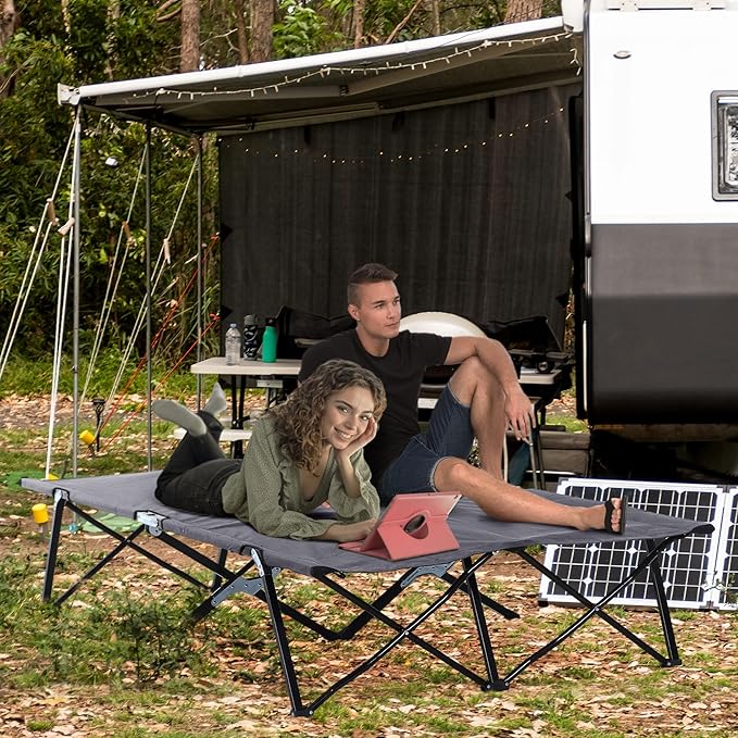 2 Person Folding Camping Cot for Adults, 50" Extra Wide Outdoor Portable Sleeping Cot with Carry Bag, Elevated Camping Bed, Beach Hiking, Grey