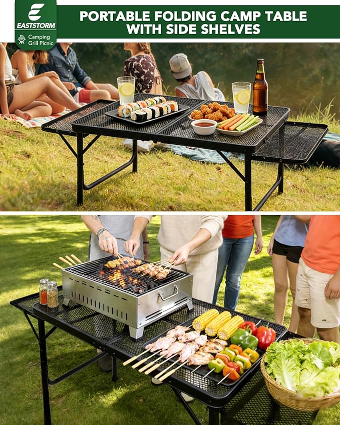 3ft Folding Camping Table with Wing Panels, Adjustable Height Metal Grill Prep Table with Storage Net, Paper Towel Holder, Hooks, Trash Bag Rack for BBQ, RV, Picnic, Portable Grill