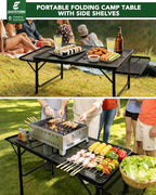 3ft Folding Camping Table with Wing Panels, Adjustable Height Metal Grill Prep Table with Storage Net, Paper Towel Holder, Hooks, Trash Bag Rack for BBQ, RV, Picnic, Portable Grill